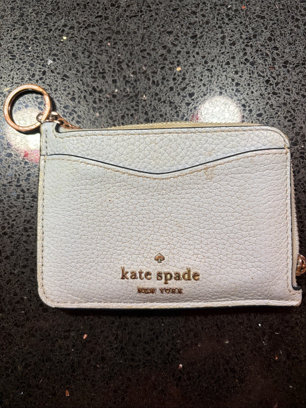 kate spade grayish blue Pebbled Leather Zip Cardholder with Gold Keyring